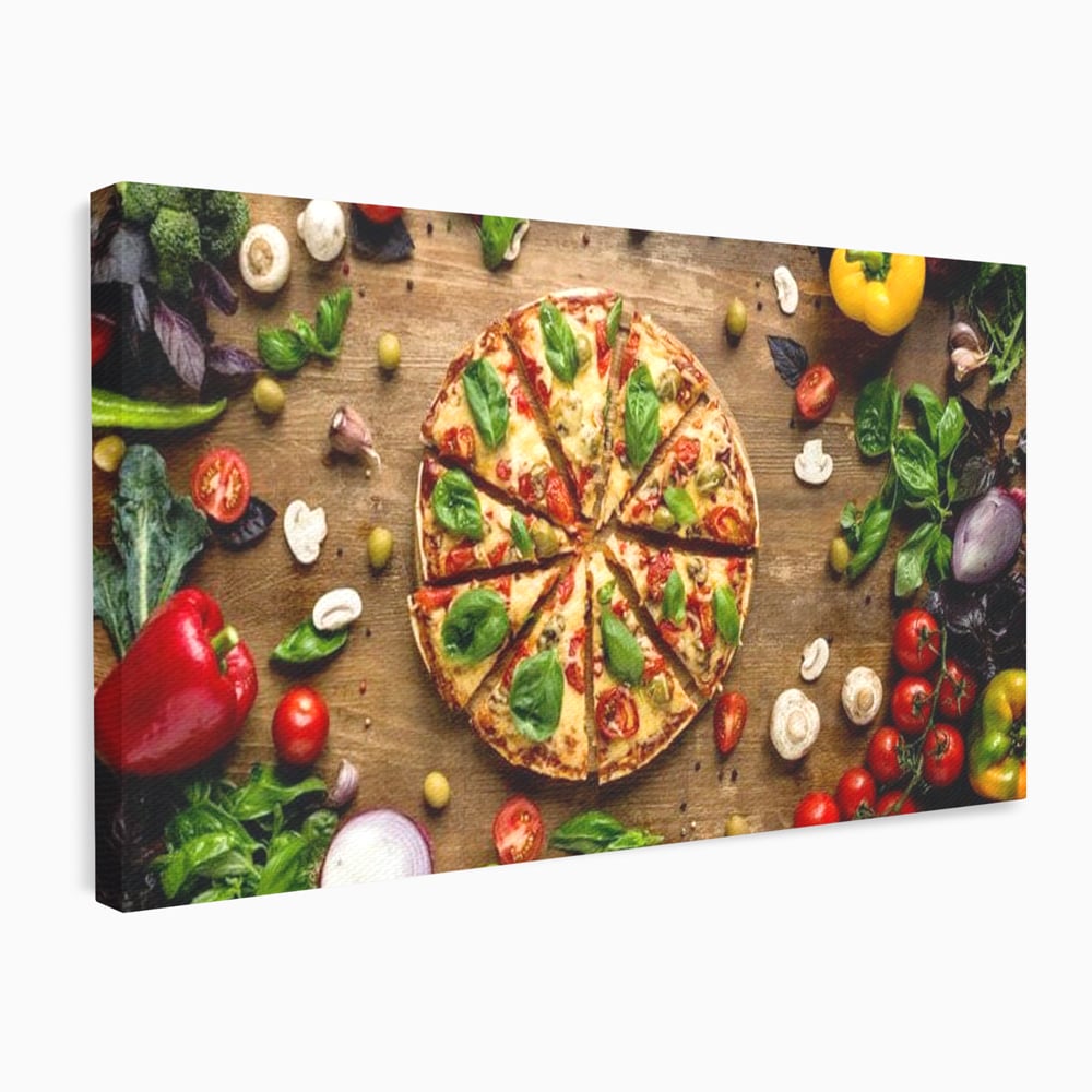 Tablou canvas cu tablou canvas cu pizza si legume, fara rama, pe sasiu de lemn